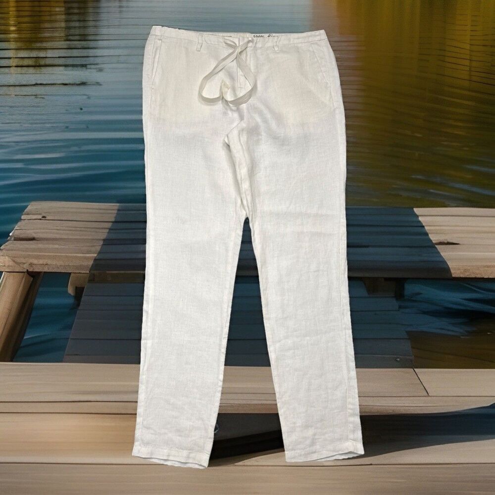 G1 Basic Goods Linen Pants 8 (33x29) White Board Walker Slim Straight Womens NEW